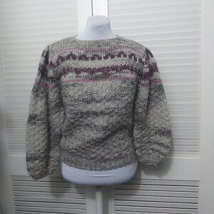 DD Sloan Sweater Hand Knit Gray Pink Stripe Argyle Pullover Chunky Knit Womens M